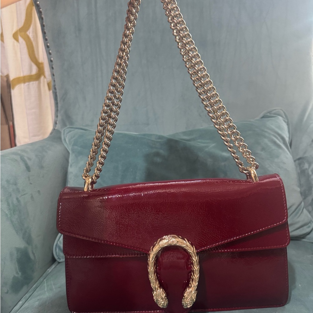 Gucci Dionysus Burgundy Patent Leather Shoulder Bag with Gold Chain